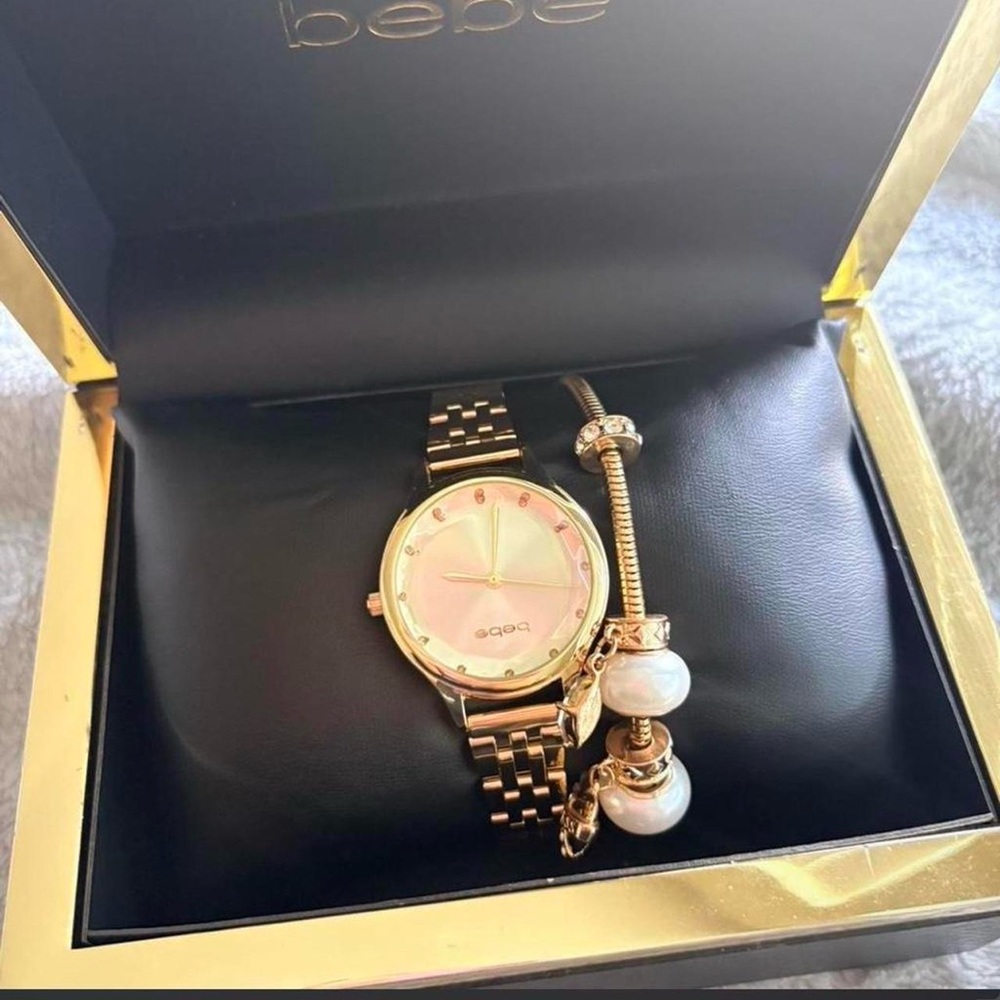 bebe Rose Gold Watch with Pink Dial and Pearl Charm Bracelet